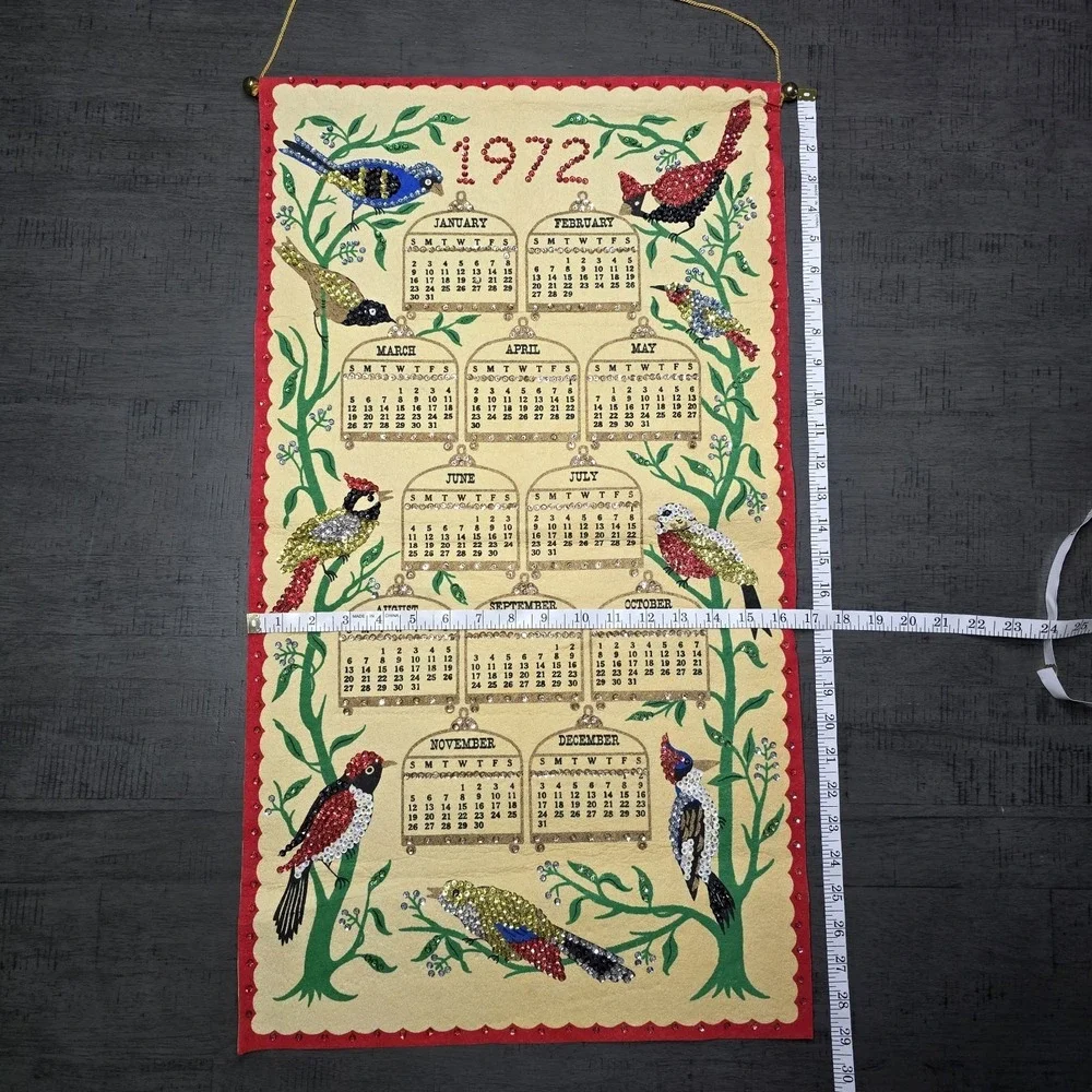 Vintage 1972 Felt Wall Calendar with Sequins, Bird Design